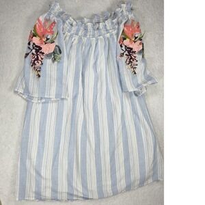 Hayden LA 1XL Boho Off Shoulder Tunic Blue Stripe Embroidered Peasant Cottagecor